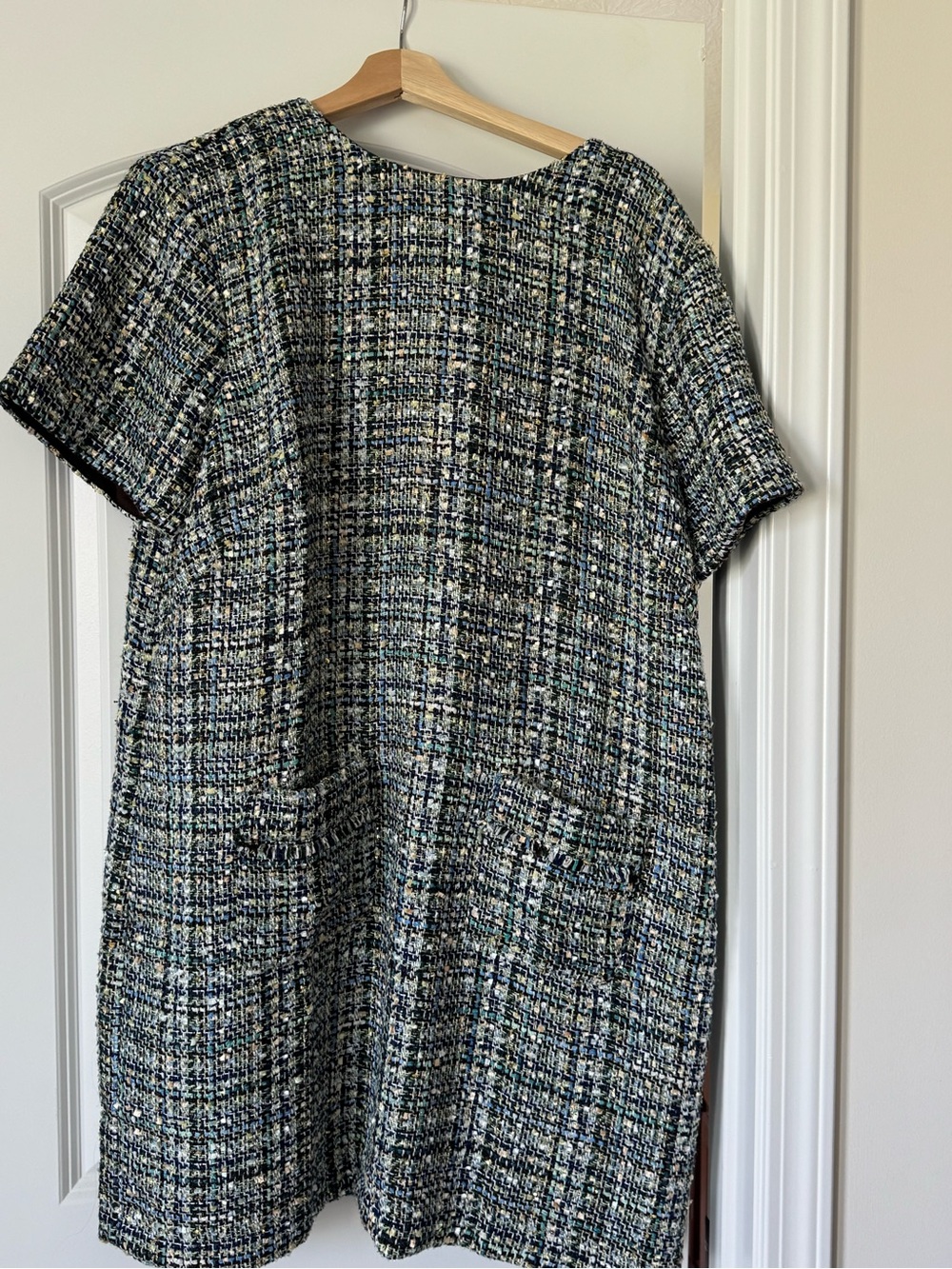 Ann Taylor Tweed Shift Dress in Black, White & Blue
